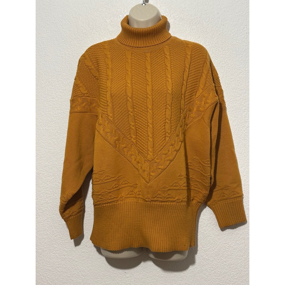 Bogner Vintage Mustard Yellow Cable Knit Turtleneck Sweater Wool Blend Large